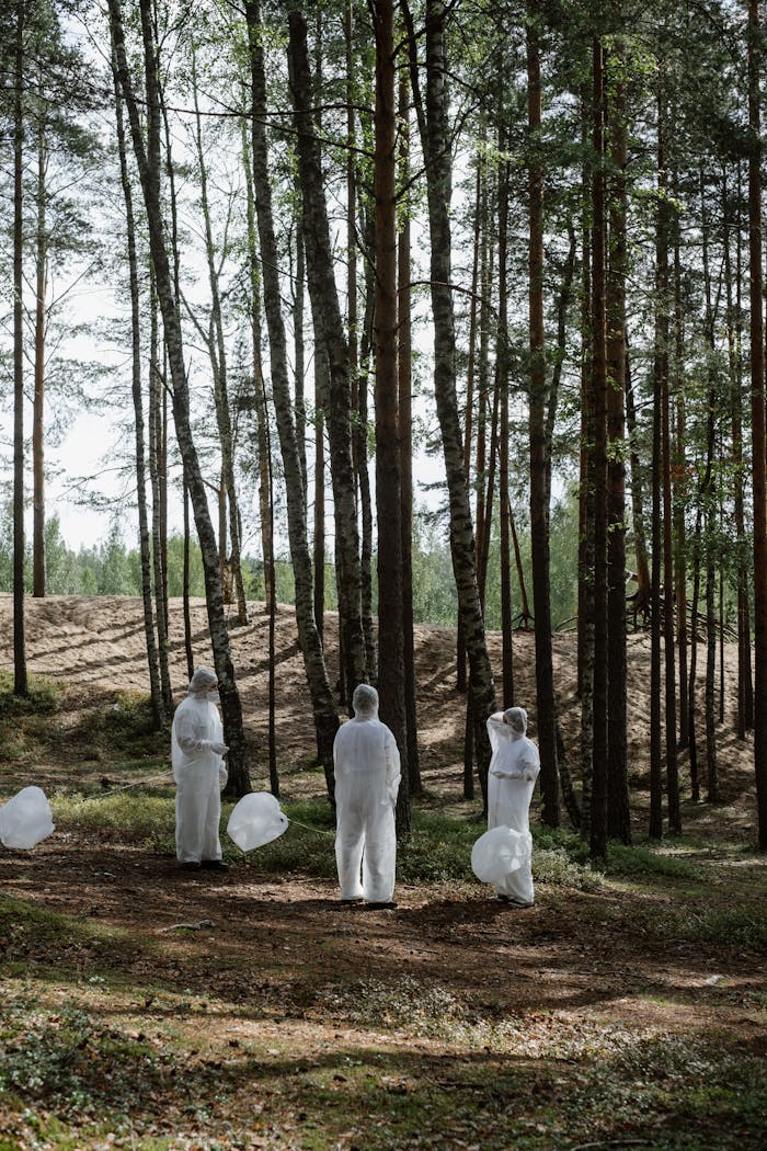 Three adults in protective suits conducting environmental cleanup in a forest.